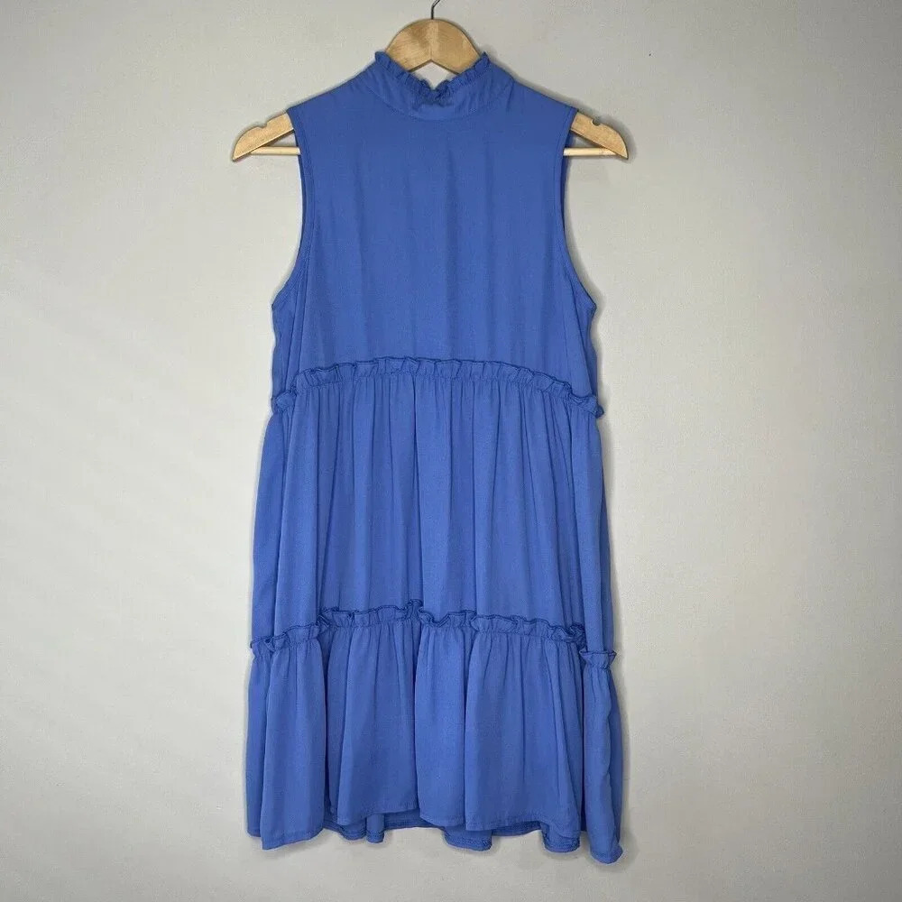 Hudson Gray Blue Halter Neck Mini Short Dress Sleeves Ruffle Tiered Sz S